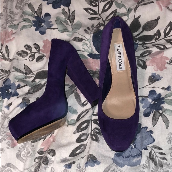 purple suede block heels